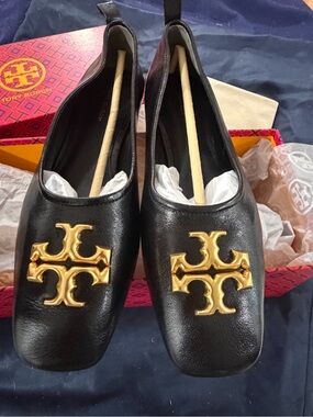 Tory Burch Black Leather Ballet Flats with Gold Logo Eleanor